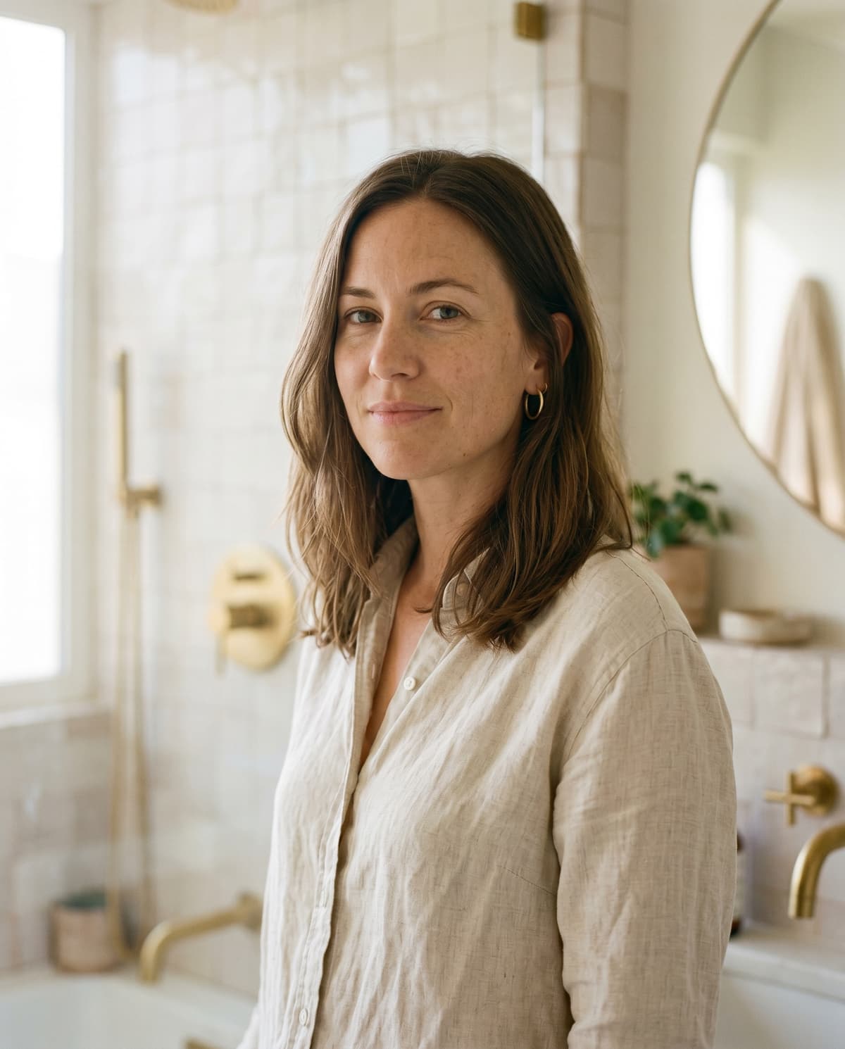 Mara West, founder of Tadula, in her bathroom in Topanga, California.